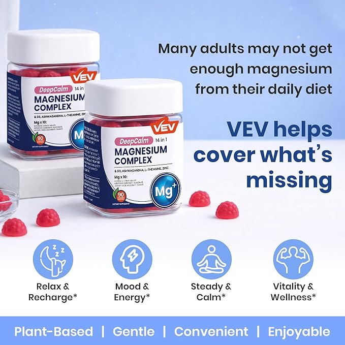 VEV Deep Calm Magnesium Complex 14-in-1 Gummies with Ashwagandha, L-Theanine, Vitamin D3 & Zinc for Women and Men, Vegan Magnesium Glycinate Gummies, 180 Gummies Total, Pack of 2