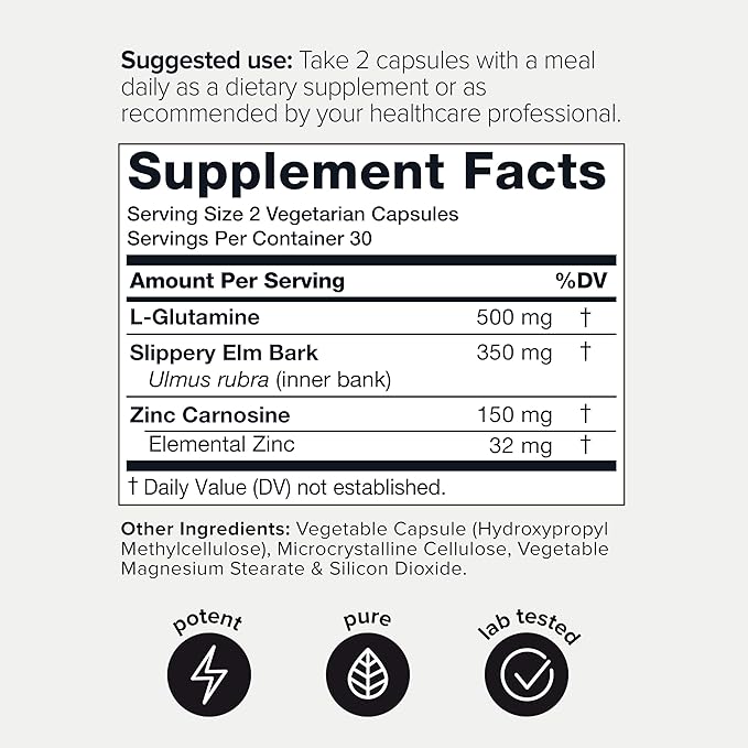 1000 mg Triple Blend Zinc Carnosine Supplement – Ultra High Strength 150 mg Zinc L-Carnosine Complex – with L-Glutamine & Slippery Elm – Third-Party Tested – 60 Capsules