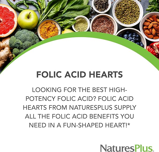 NaturesPlus Folic Acid Hearts - 90 Tablets - Supports Immune & Prenatal Health with Methylfolate & Methylcobalamin - Gluten Free, Vegetarian, Allergen Free - 90 Servings