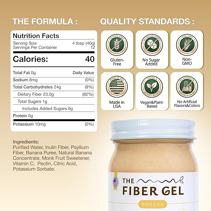 The Fiber Gel High Dietary Fiber Prebiotic Gel Formula — 100% Natural & Clean Label — Plant-Based Psyllium Husk & Inulin Complex — Keto Friendly, Vegan, No Added Sugar — Banana, 16 oz