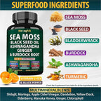 Sea Moss Black Seed Oil Ashwagandha Ginger, Organic Sea Moss Capsules with Burdock Root, Irish Seamoss Pills with Bladderwrack, Advanced Multimineral Supplement, USA