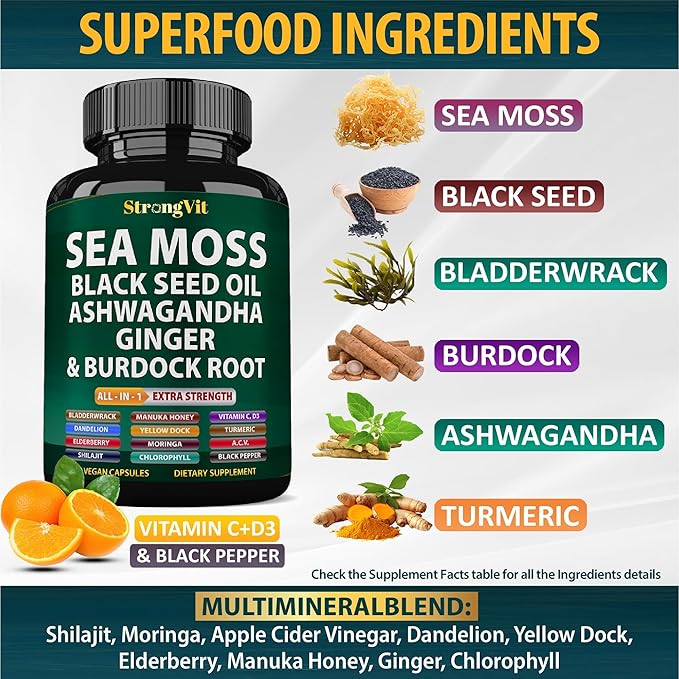 Sea Moss Black Seed Oil Ashwagandha Ginger, Organic Sea Moss Capsules with Burdock Root, Irish Seamoss Pills with Bladderwrack, Advanced Multimineral Supplement, USA