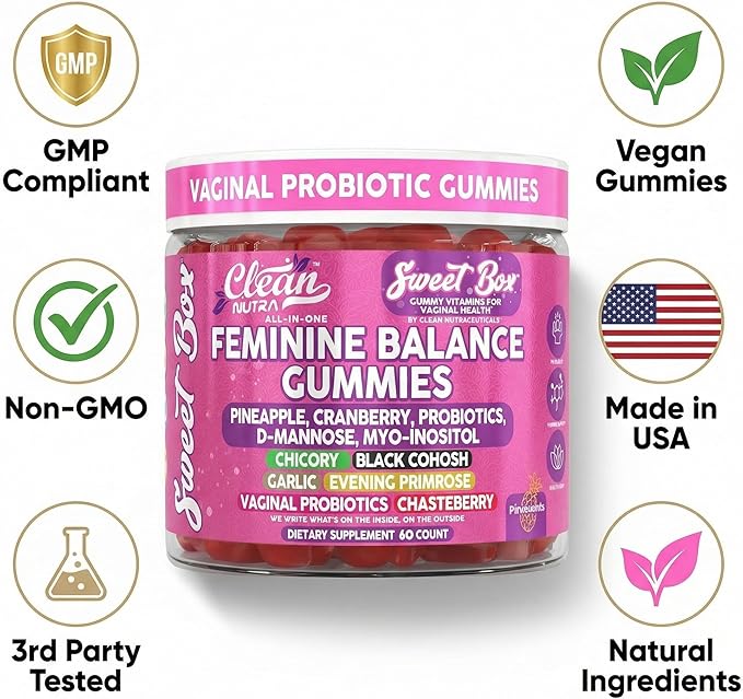 Clean Nutra Feminine Balance Gummies for Women Pineapple VaginalProbiotics pH Balance Cranberry D Mannose Supplement Inositol Black Cohosh Evening Primrose Garlic Vitex GLA Prebiotics Folate 60ct