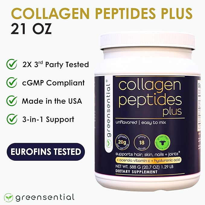 Greensential Collagen Peptides Plus Powder 21oz | + Acerola Vitamin C & Hyaluronic Acid | 100% Hydrolyzed Grass-Fed | Hair, Skin, Nail & Joint Support | Easy to Mix, Unflavored, 28 Servings