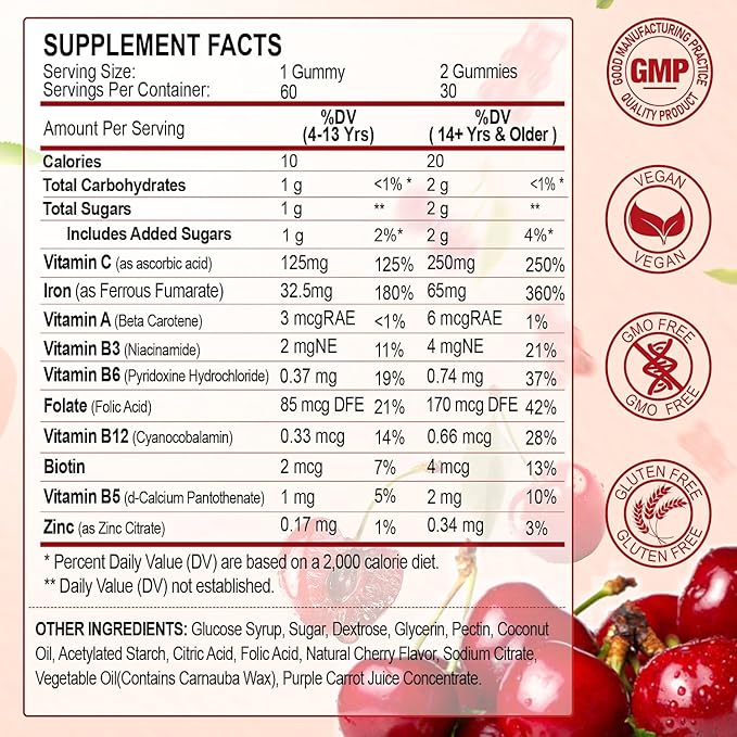 Iron Supplement for Women, Men & Kids, Iron 65mg & Vitamin C 250mg per Serving with B6 B12 Folate- Energy Support for Iron Deficiency, Anemia, Vegan Gummy Cherry Flavor, 60 Count