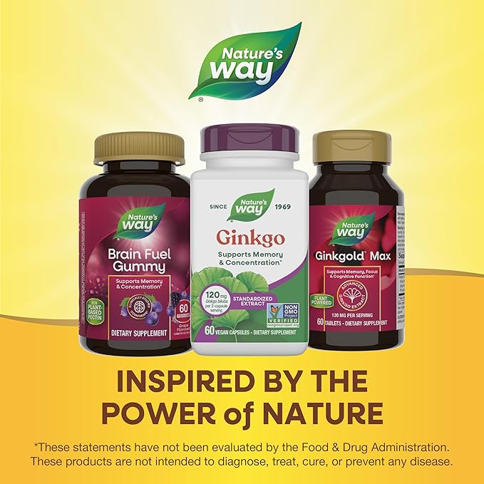 Nature's Way Ginkgo Premium Extract, Supports Memory & Concentration*, 120 mg Ginkgo Biloba Extract per 2-Capsule Serving, with Gotu Kola, Vegan, No Gluten, 60 Capsules (Packaging May Vary)