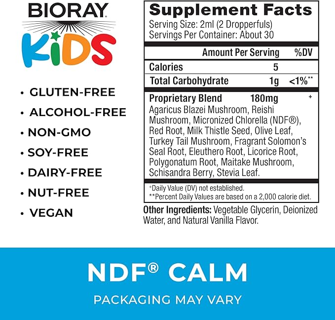 BIORAY Kids NDF Calm, Vanilla - 2 fl oz - Nourish the Liver & Remove Toxins - Non-GMO, Vegan, Gluten Free - 1-2 Month Supply