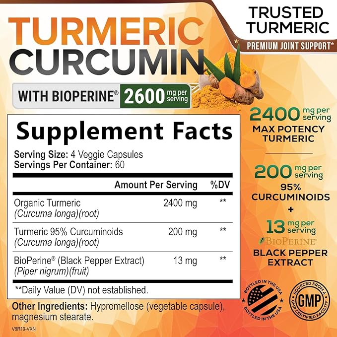Turmeric Curcumin Supplement - 2400mg Organic Turmeric Per Serving - 95% Curcuminoids & BioPerine Black Pepper Extract for Best Absorption - Natural Vegan Joint Support, Bottled in USA - 240 Capsules