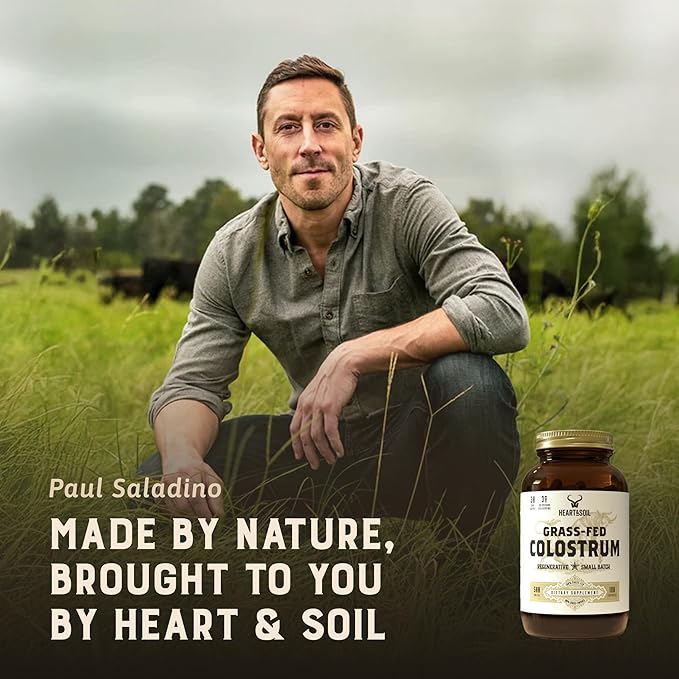 HEART & SOIL 100% Grass Fed & Finished Colostrum Supplement from Regenerative Cattle for Gut, Muscle & Immune Health – 3000mg Bovine Colostrum Capsules - Gut Health for Men & Women –180 Capsules