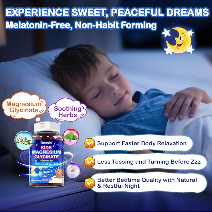 Kids Magnesium Glycinate Gummies - Magnesium Glycinate Supplement 200mg with L-theanine Omega-3 Calcium Vitamin D3 & B12 for Kids Natural Zzz at Bedtime & Overall Health - Sugar Free & Non-GMO