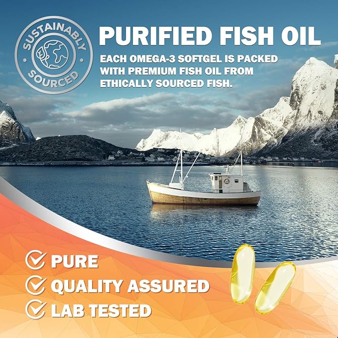 Omega 3 Fish Oil Supplements - 2400mg Fish Oil Per Serving - Triple Strength Omega-3 with EPA & DHA Fatty Acids - Natural Heart, Brain & Immune Support - Wild Caught, Bottled in USA - 120 Softgels