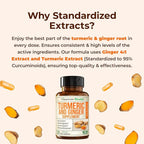 Turmeric Curcumin Supplement with Ginger Root for Joint Support, Digestive & Gut Health - Contains Organic Turmeric Curcumin with Black Pepper (Bioperine) for Enhanced Absorption - 120 Capsules