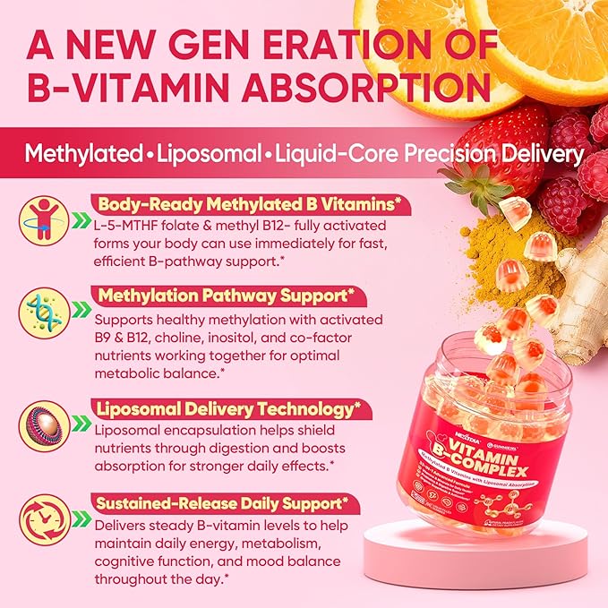 Methylated Vitamin B Complex Gummies for Women & Men, High Dose 2000 mcg Methyl B12, Liposomal Super All B Vitamins Methylfolate, B1, B2, B3, B5, B6, B7, Vitamin C, Choline for Energy, Focus, 60Counts