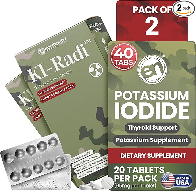 EarthNutri KI-Radi™ Potassium Iodide KI Tablets 65 mg – High Potency Iodine for Thyroid Support, Emergency Preparedness – Potassium Supplement in Foil-Foil Blister – 40 Tablets (2 Pack of 20)