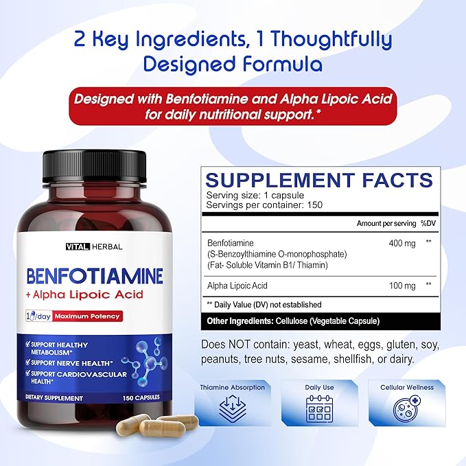 Vital Herbal Liposomal Benfotiamine with Alpha Lipoic Acid - Maximum Potency- Support Healthy Metabolism