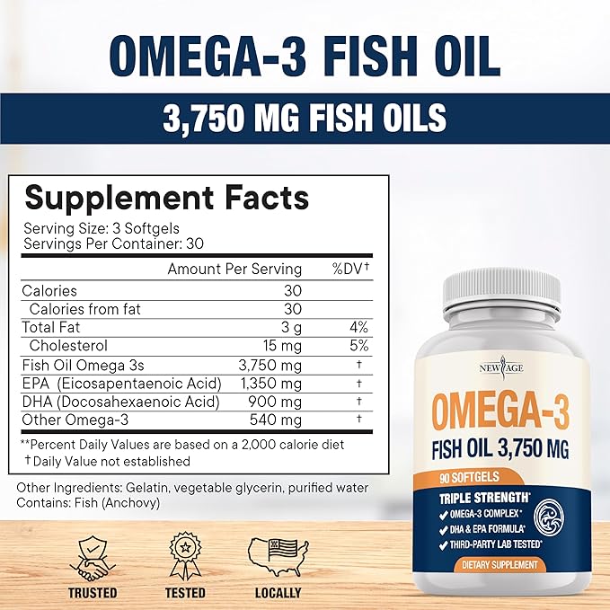 Triple Strength Omega 3 Fish Oil 3750 mg - EPA & DHA - Over 3000mg Omega-3 Fatty Acids - 1350mg EPA + 900mg DHA - Best Essential Fatty Acids, Burpless Fish Oil - 270 Count