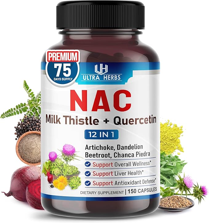 NAC Supplement N-Aetyl Cysteine Enriched with Milk Thistle, Quercetin - Support Immunity, Respiratory Health & Liver Detox | 150 Capsules