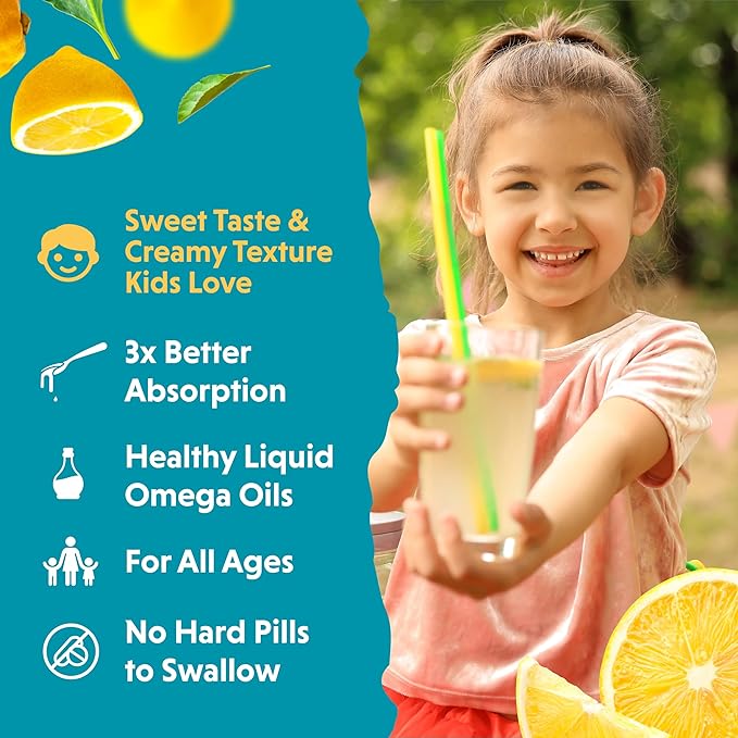 Barlean's Omega Pals Chirpin' Slurpin' Lemonade Flavored Omega-3 for Kids, Yummy Children's Liquid Fish Oil Supplement with 540 mg of EPA and DHA Fatty Acid for Brain & Eye Health, 8 oz