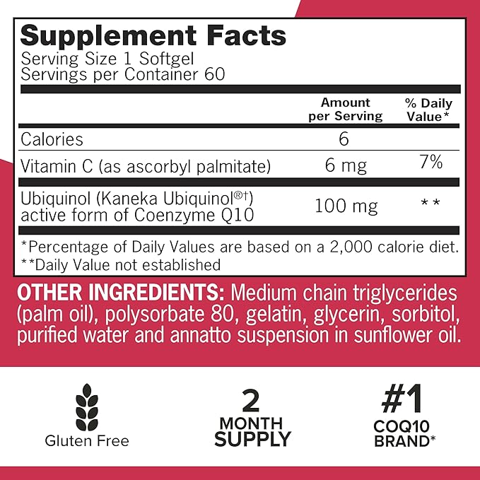 Qunol Ubiquinol CoQ10 100mg Softgels, Qunol Mega Ubiquinol 100mg - Superior Absorption - Active form of Coenzyme Q10 for Heart Health - 2 Month Supply - 60 Count