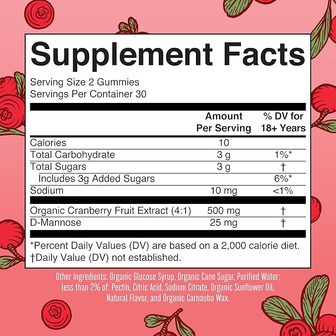 MaryRuth Organics Organic Cranberry Gummies - 500mg Supplement | Urinary Tract Health for Women | with D Mannose | Traditional Use | USDA Organic | Vegan | Non GMO | 30 Servings