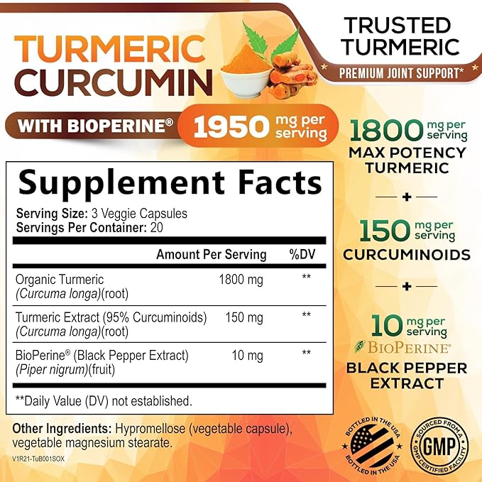 Turmeric Curcumin Supplement - 95% Curcuminoids with Organic Turmeric & BioPerine Black Pepper for Best Absorption - Daily Joint & Immune Health Support, Vegan, Non-GMO, Bottled in USA - 60 Capsules