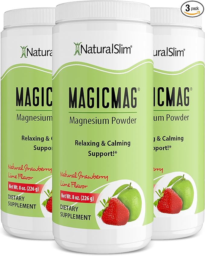NaturalSlim MagicMag - Highly Absorbable Magnesium Citrate Powder for Relaxation, Energy, Better Sleep & Metabolic Support - Magnesium Supplement for Women & Men - Strawberry & Lime Flavored 8oz 3pk