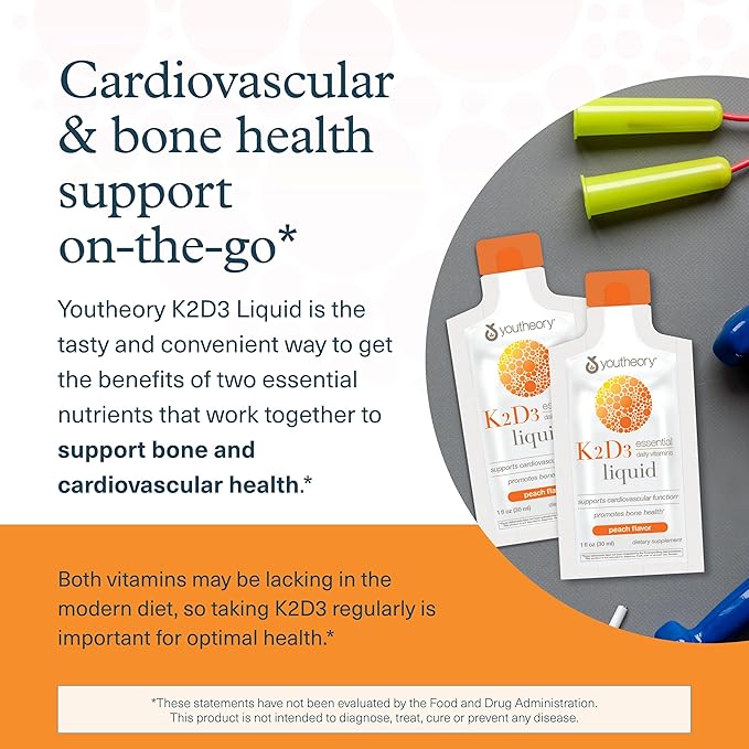 Youtheory K2D3 Liquid - Bone & Heart Health Support* - Combines Vitamin D3 & Vitamin K2 - Dairy, Soy & Gluten Free - Peach, 1 oz (12 Pack)