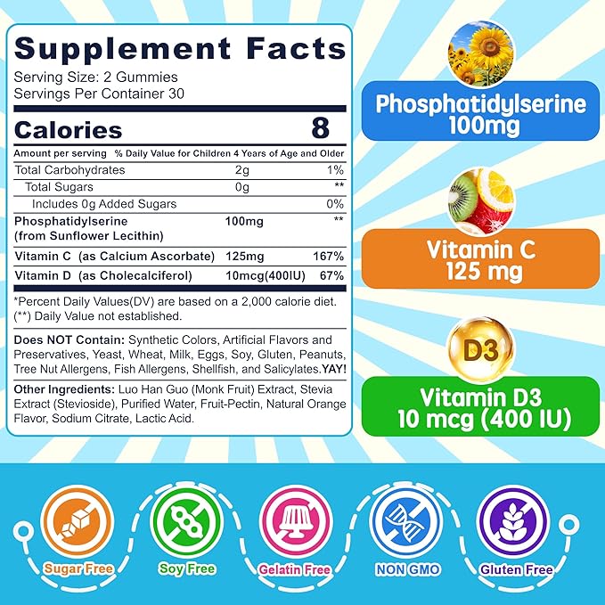 Phosphatidylserine Supplement 100mg, Focus Gummies for Kids Teens + Vitamin C & D3 400IU, Sugar Free Kids Brain Gummies Increase Attention & Concentration, Chewable, Vegan, Gluten Free, Non-GMO 60Cts