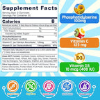 Phosphatidylserine Supplement 100mg, Focus Gummies for Kids Teens + Vitamin C & D3 400IU, Sugar Free Kids Brain Gummies Increase Attention & Concentration, Chewable, Vegan, Gluten Free, Non-GMO 60Cts