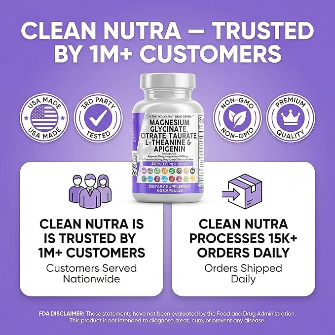 Clean Nutraceuticals Magnesium Glycinate Complex 1000mg with L-Theanine 200mg Apigenin 50mg Citrate Taurate Supplement - 5-HTP GABA Passion Flower Lemon Balm L-Glycine Phosphatidylserine - 60 Count