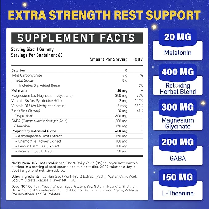 Melatonin 20mg Gummies for Adults - Max Strength Melatonin Gummy Supplement with Magnesium Glycinate, B6, B12, L-Theanine, GABA, & Herbs - Non-Habit Forming, Vegan, Natural Mixed Berry Flavor