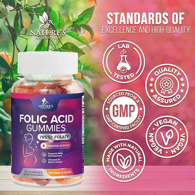 Folic Acid Gummies for Women - Folate 785 mcg Per Serving - Essential Prenatal Vitamins for Mom & Baby, Vegan Folic Supplement Gummy, Daily B9 Vitamin, Before During After Pregnancy - 60 Gummies