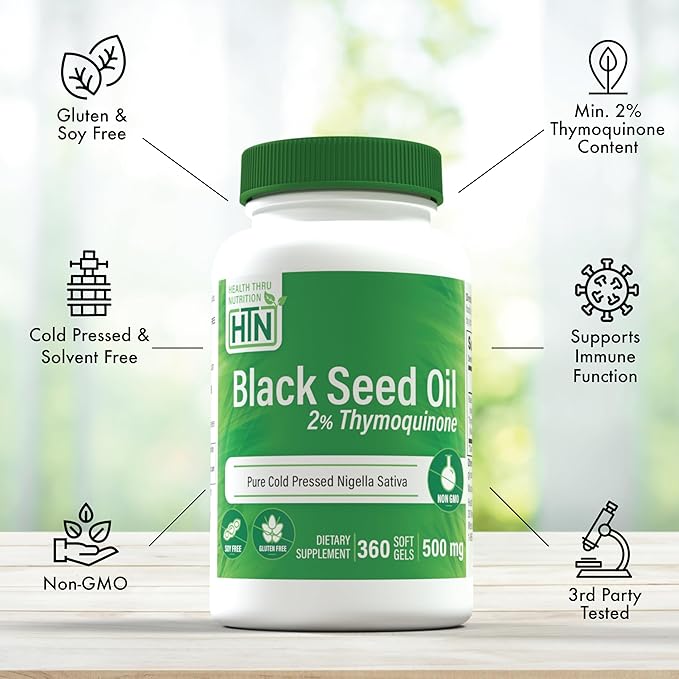 Health Thru Nutrition Black Seed Oil 500mg 360 Softgels | High Potency 2% Thymoquinone | 3rd Party Tested | Pure Cold Pressed | Organically Grown | Non-GMO, Gluten Free, Soy Free