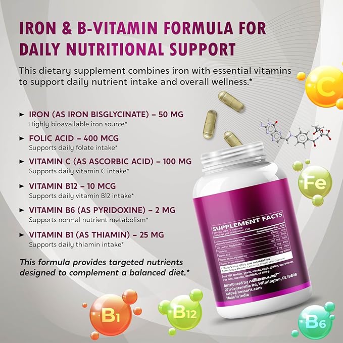 Organic Iron High Potency with Vitamin C, Folic Acid - High-Absorption Formula Vitamin B1, Vitamin B6, Vitamin B12 - Support Blood Building - 150 Count