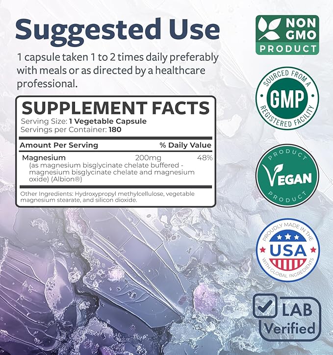 High Absorption Magnesium Bisglycinate Capsules - Clinically Validated Buffered and Chelated Magnesium Supplement - 1 Daily Vegan Capsule with Lab Verified Gentle 200mg Serving (6 Month Supply)