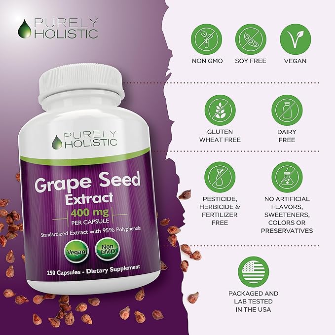 Purely Holistic Grape Seed Extract - 250 Vegan Capsules - 8+ Month Supply - Standardized to 95% Polyphenols - Maximum Strength Grapeseed - Non-GMO & Pesticide Free