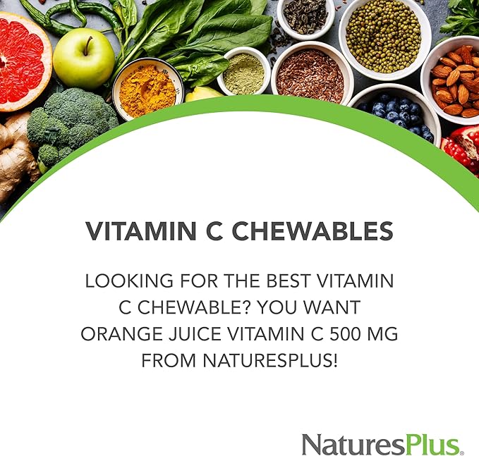 NaturesPlus Orange Juice Chewable Vitamin C - 500 mg, 90 Tablets - High Potency Immune & Vascular Health Support Supplement, Antioxidant - Gentle On Stomach - Vegetarian, Gluten-Free - 90 Servings