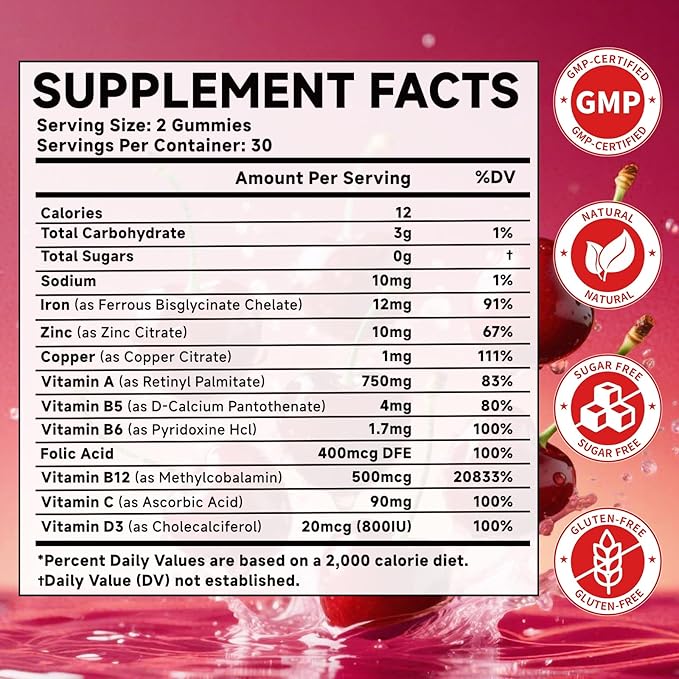 Iron, Zinc, Copper Supplements for Women & Men, Mineral Gummies with Vitamin A, B5, B6, C, D3, B12 for Adults & Kids, Promote Energy, Support Immunity, Bone Health, Sugar Free, Cherry Flavor, 60 Count
