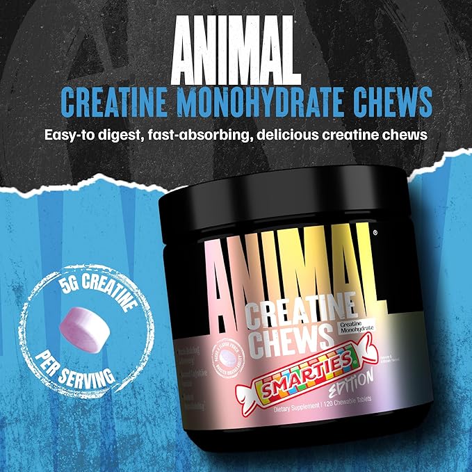 Animal Creatine Chews x Smarties Edition - 5g Creatine Monohydrate for Strength, Power, & Training Recovery Support with Sea Salt, Convenient Chewable Creatine Supplement for Men & Women - 120 Tablets
