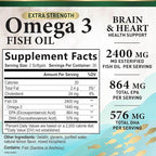 Omega 3 Fish Oil Supplements - 2400mg Fish Oil Per Serving - Triple Strength Omega-3 with EPA & DHA Fatty Acids - Natural Heart, Brain & Immune Support - Wild Caught, Bottled in USA - 60 Softgels