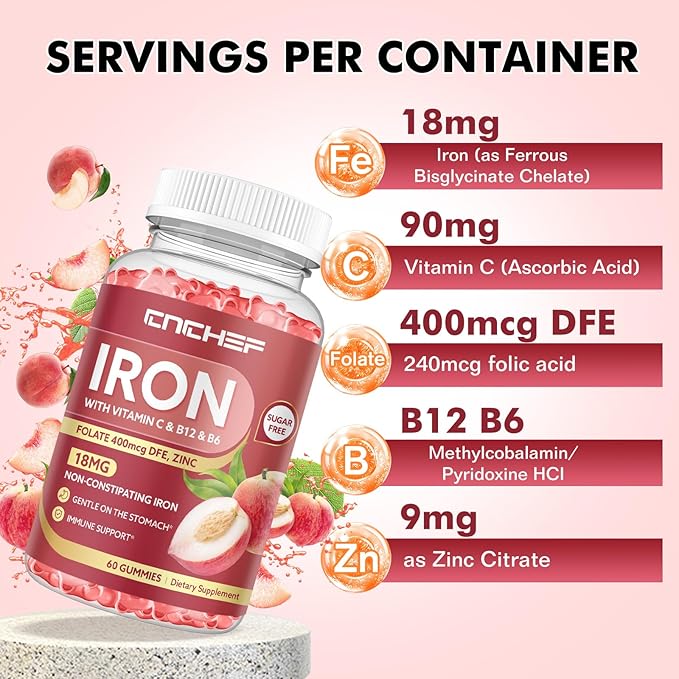 Iron Supplement for Women & Men Gummies, Multivitamin Blood Builder Iron Supplement with Folate Vitamin C B12 B6 Zinc for Adults & Kids - Energy Support - Peach Flavor, Vegan 60 Gummies