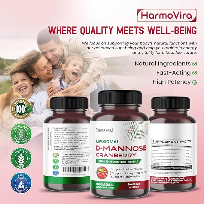 Liposomal D-Mannose Cranberry Supplement – 180 Capsules | Uva Ursi, Hibiscus, Black Pepper | Enhanced Absorption Formula | Non-GMO, Gluten-Free
