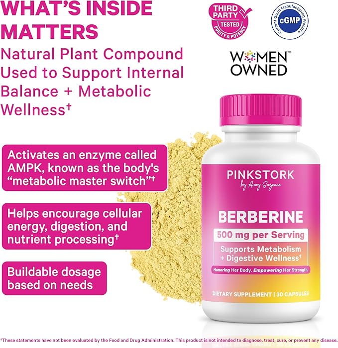 Pink Stork Berberine 500mg - Nature's GLP-1 Supplement - Daily AMPK Metabolic Activator - 500-1000 mg Metabolism + Gut Health for Women | Third-Party Tested | Vegan | Non-GMO| 30 Capsules