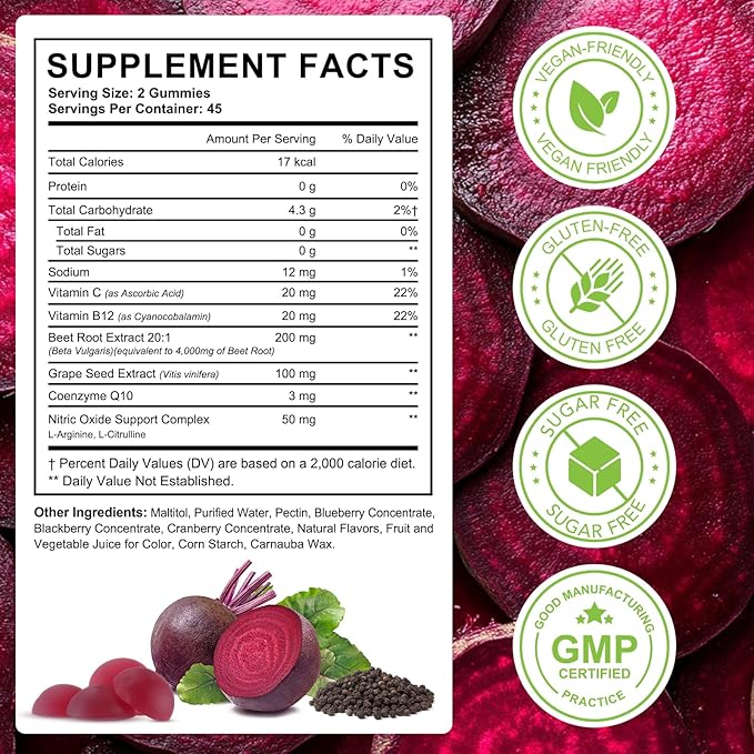 Beet Root Gummies 200mg - 8-in-1 Heart & Circulation Support Supplement - High Potency Beet Chews with Beetroot, Grape Seed, CoQ10, Vitamin C & B12 - Mixed Berry Flavor, Vegan, 90 Count