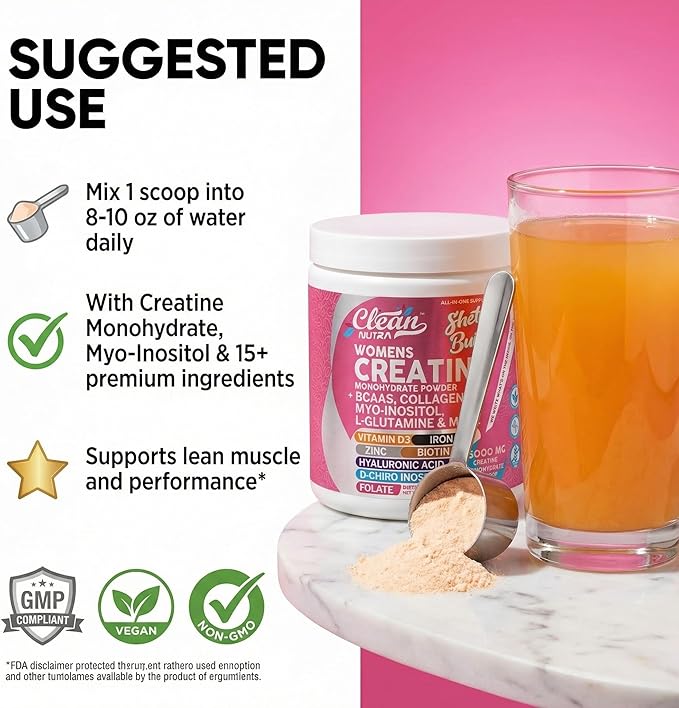 Creatine for Women | Creatine Monohydrate + BCAA Powder Myo-Inositol Collagen Biotin Hyaluronic Acid Folate L Glutamine Vitamin D3 Iron Zinc D-Chiro-Maca Digestion Shelf Builder By Clean Nutra
