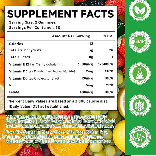 2 Pack Methyl B-12 3000mcg Gummies for Kids & Adults, Vitamin B12 (Methylcobalamin) with Vitamin B6, Folate & D3, Supports Energy, Metabolism & Immune Wellness, 120 Count