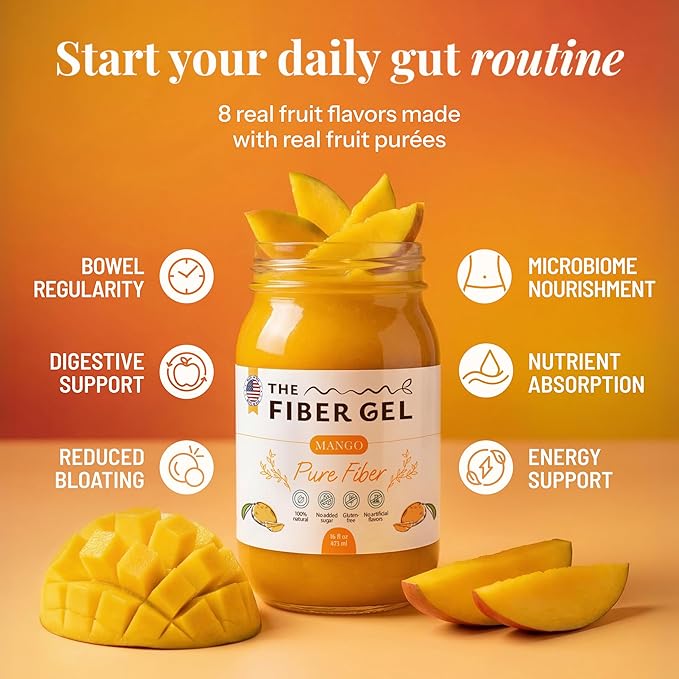 The Fiber Gel High Dietary Fiber Prebiotic Gel Formula — 100% Natural & Clean Label — Plant-Based Psyllium Husk & Inulin Complex — Keto Friendly, Vegan, No Added Sugar — Mango, 16 oz