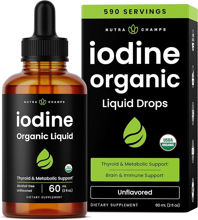 Organic Iodine Liquid Drops - 250 mcg Iodine Supplement for Women & Men - Potassium Iodide Solution 250 mcg - 590 Servings - Thyroid, Hormone & Metabolic Support - Non-GMO, Vegan