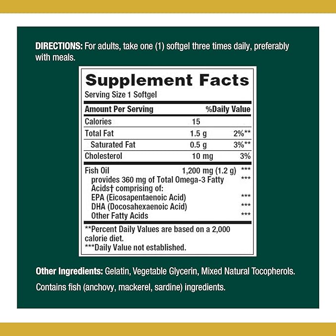 Nature’s Bounty Fish Oil, 1200mg, 360mg of Omega-3, 120 (3 Pack , 360 Total) Softgels 120 Softgels