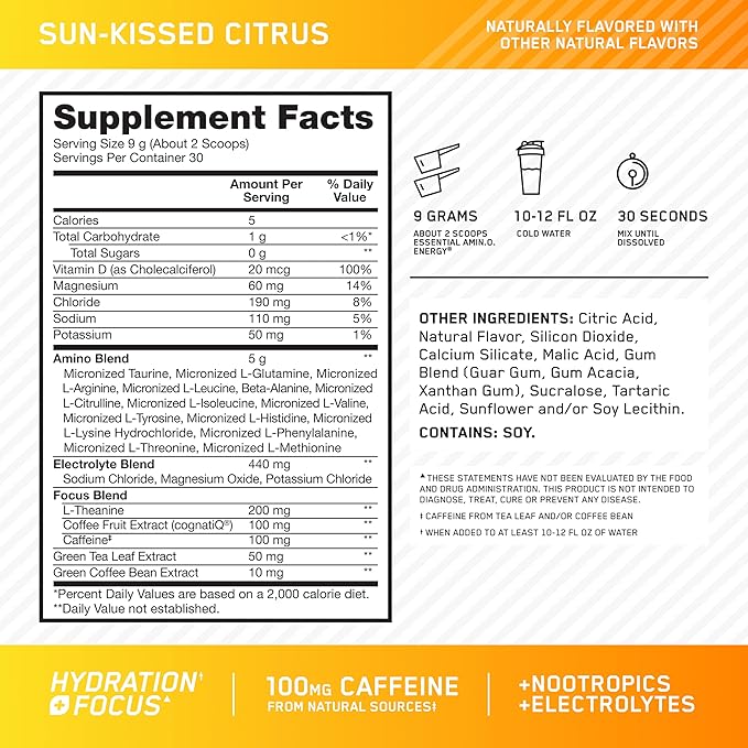 Optimum Nutrition Amino Energy Powder Plus Focus, with BCAA, Electrolytes, and Caffeine, Sunkissed Citrus, 30 Servings (Packaging May Vary)